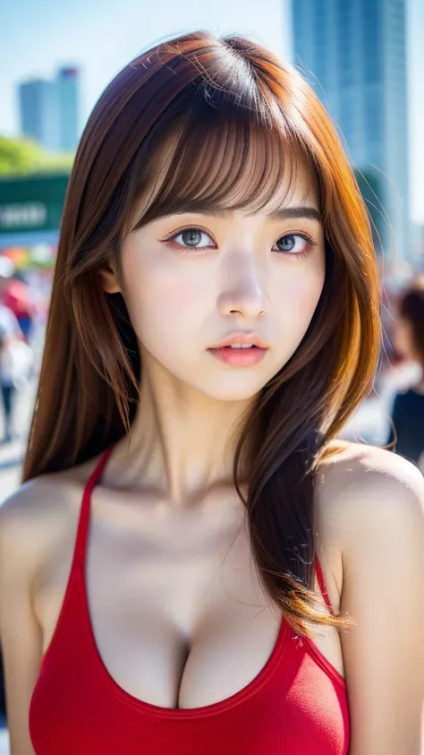 RAW photo, (best quality, 8k, 32k, masterpiece, UHD:1.2), ultra high resolution, (pretty a Korean girl of 13 years old:1.3), (idol face:1.3), solo, long shot, beautiful detailed eyes, semi long brown fluffy hair, bangs, (wearing bright red tank-top), large...