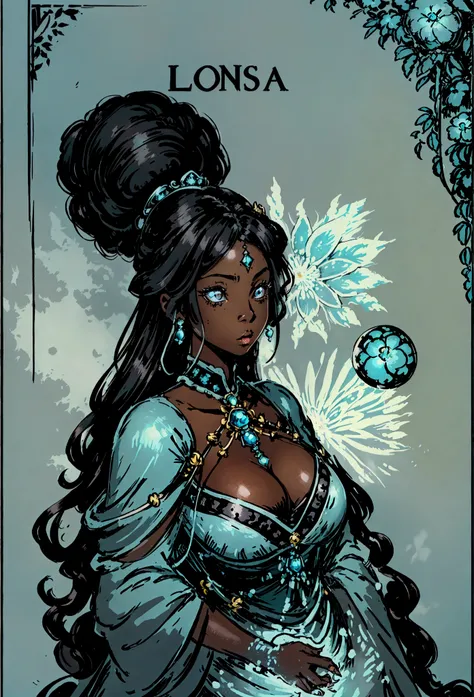 Black women, Beauty,sexy,small breast,Princess,longe Black hair,light BLUE dress,Personagem de RPG, Retrato CloseUp, fundo da floresta