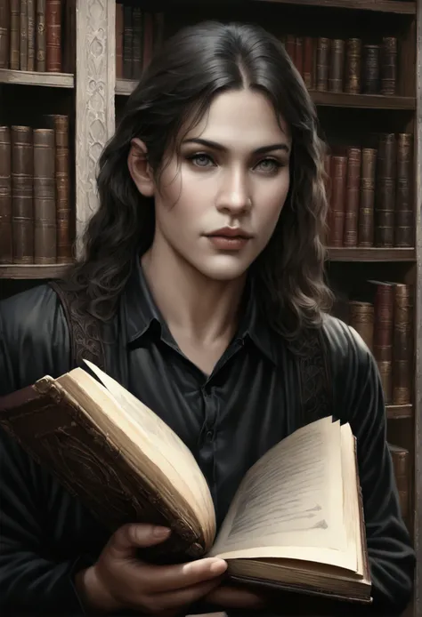 a dark-haired young man with piercing eyes, in a mythical library filled with ancient tomes, (best quality,8k,highres,masterpiece:1.2),ultra-detailed,(realistic,photorealistic,photo-realistic:1.37),dark moody lighting,dramatic shadows,intricate book shelve...