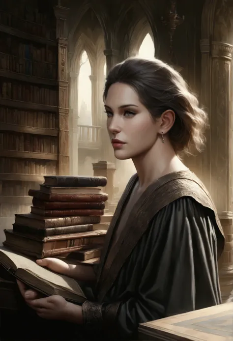 a dark-haired young man with piercing eyes, in a mythical library filled with ancient tomes, (best quality,8k,highres,masterpiece:1.2),ultra-detailed,(realistic,photorealistic,photo-realistic:1.37),dark moody lighting,dramatic shadows,intricate book shelve...