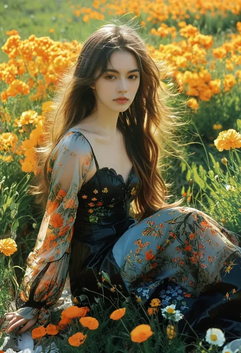 the image features a young woman seated in a meadow filled with vibrant orange and yellow flowers under a bright sky with fluffy...