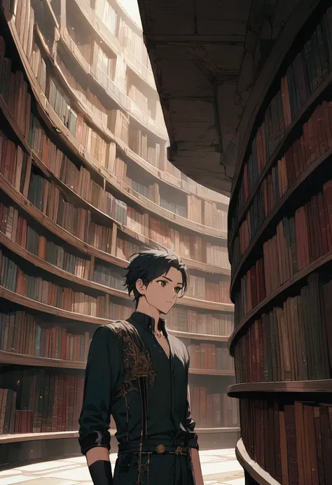 young man with black hair and dark eyes, mythical library