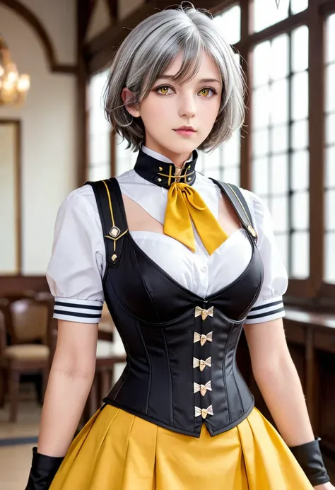 girl, Gray-haired, Short-haired, Yellow-eyed, Small breasts, Cat hair accessories, Side Lock, Gray-haired, Shiny Hair, uniform, (Golden Eyes: 1.2), (Skirt has two long triangular extensions, abdominal vest corset), White buttons on the best corset, (A shor...