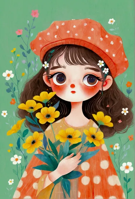 Illustration of a little girl holding flowers, big eyes，Berets，The art of math ，Hot trends, The art of math, 采用数码Illustration style, The art of math. The art of math illustration,Cute illustrations, The breath of spring, Illustration Art, Illustration styl...