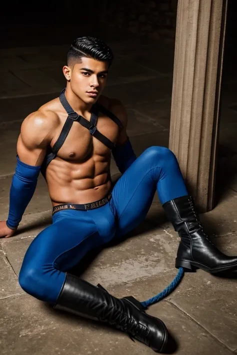 A handsome young Latino man, 19 years old, shirtless, military haircut, black hair, brown eyes, intense look, affiliated features, no facial hair, height 1.80, weight 50 kilos, aesthetic build, dressed in blue lycra pants, black riding boots, lying down, o...