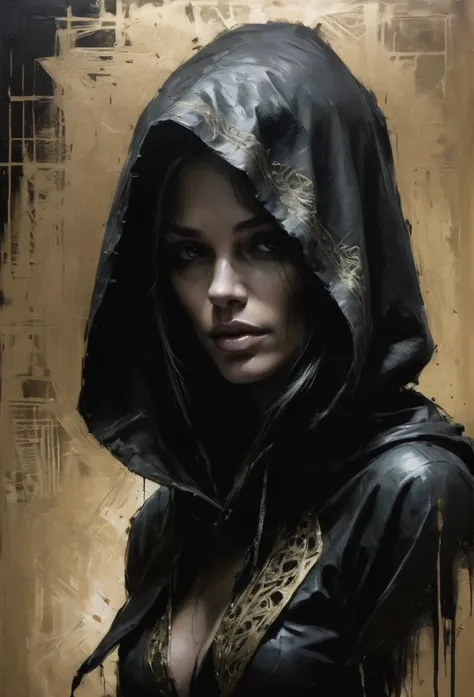 Femme fatale in a dark intricately detailed hood, fligree,Chiaroscuro shadow techs, light of games in the backgrounds, artistic works by Guy Denning,24K 