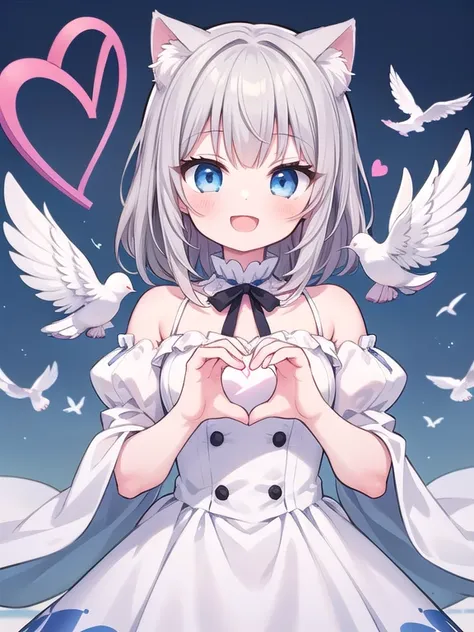 (Heart shaped hands:1.2), (One girl), cute, (happiness:1.3), Open your mouth, (Cat ear), (Gray Hair), Medium Hair, Blue Eyes, ((Many white doves take flight)), (Cowboy Shot), ((Highest quality)), ((masterpiece)), (detailed), Perfect Face, Perfect Arms, Per...