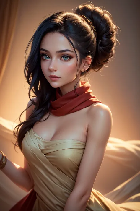 A beautiful young woman with striking green eyes, long black hair tied in a bun, wearing a strapless midi dress, a red scarf around her neck, and flowing arm sleeves, (best quality,4k,8k,highres,masterpiece:1.2),ultra-detailed,(realistic,photorealistic,pho...