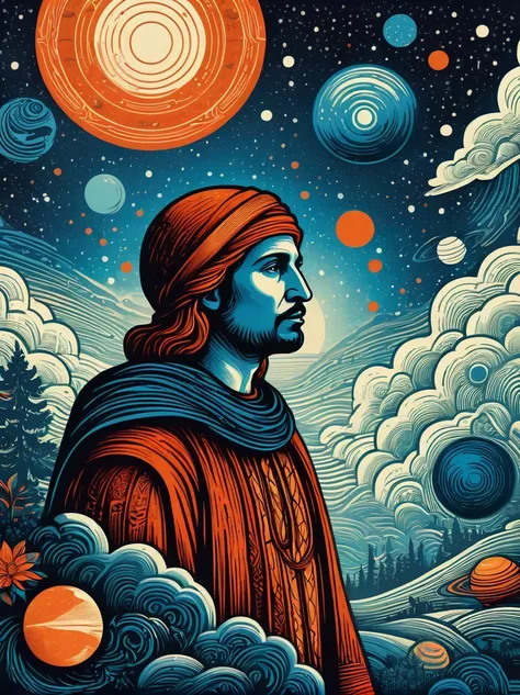 Create a woodcut style image digital art surreal art that depicts a mystical figure with divine characteristics, the figure is one chosen by the gods of spirituality,the figure is shrouded in clouds looking at the planets and ancestral signs,figure has a c...