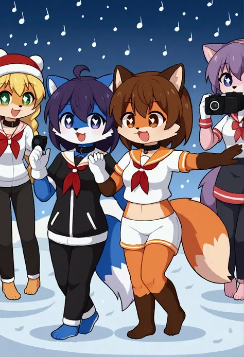 3girls, fox and tanuki, furry, bodyfur, tail, collar, sailor suit, short sleeves, jersey pants, long pants, white gloves, snow gloves, barefeet, chibi, sparkling eyes, full body, snow, camera, idol, singing, dancing, headphone, boyish