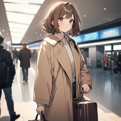 A girl with wavy brown bob hair wearing a dark beige coat. Im at the airport with a suitcase.