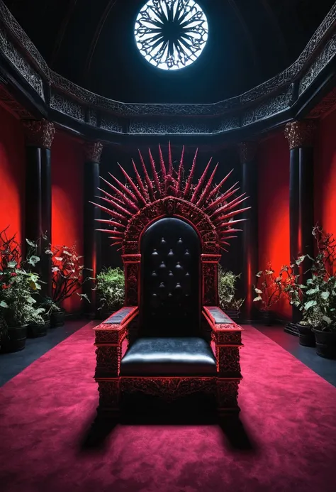 Royal Hall, a throne, Thorny plants, black light, empty room, Dark Composition, Black and Red Throne, Thorny plants around the throne, Open space, showing the entire scope of the place