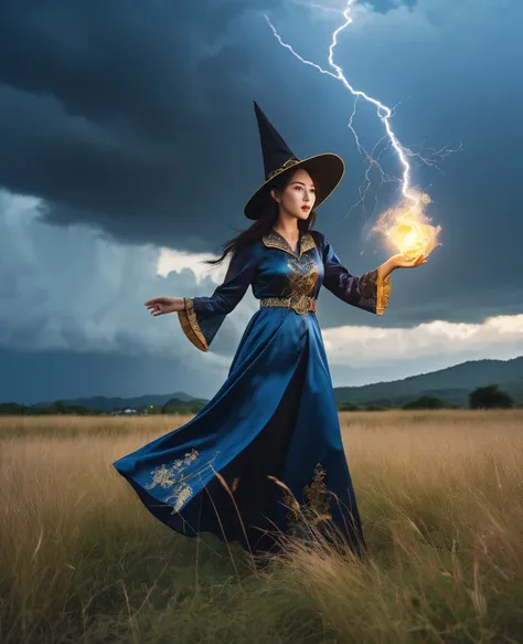 Highest quality photos, Young witch woman, Casting a spell in the grassland to create a fireball, Black clouds hang over the sky、Lightning glows, Blue clothing with gold embroidery