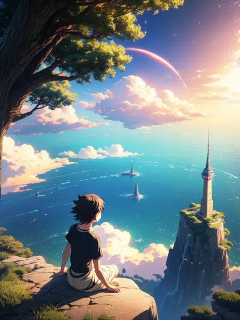 anime girl sitting on a rock looking at the sky,a tower piercing the sky in the distance, makoto shinkai cyril rolando, anime ar...