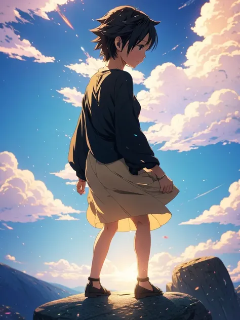 anime girl sitting on a rock looking at the sky,a tower piercing the sky in the distance, makoto shinkai cyril rolando, anime ar...