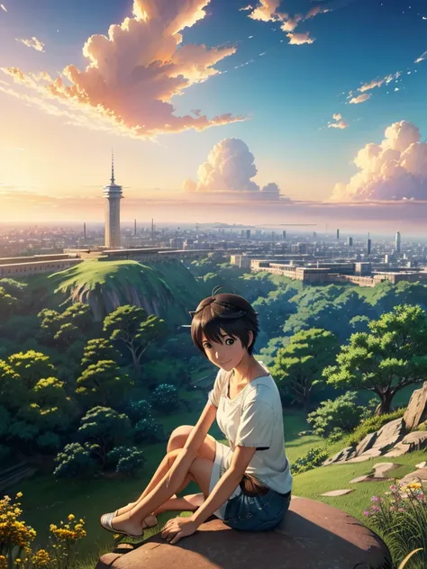 Anime girl sitting on a rock looking at the sky,A tower piercing the sky in the distance, makoto shinkai cyril rolando, anime art wallpaper 4k, anime art wallpaper 4k, Cyril Rolland and Goro Fujita, Anime Art Wallpapers 8K, 4k anime wallpaper, anime wallpa...