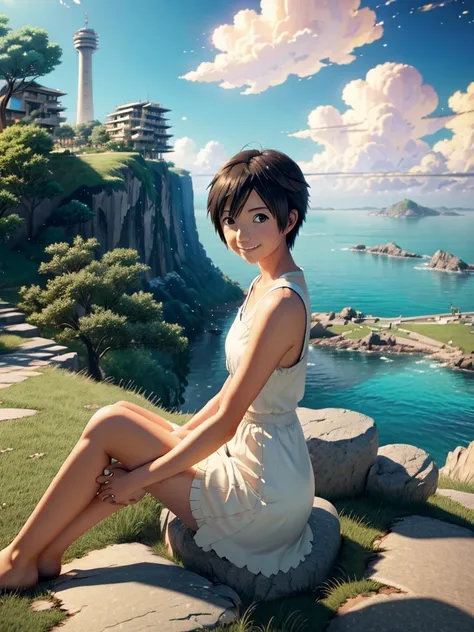 Anime girl sitting on a rock looking at the sky,A tower piercing the sky in the distance, makoto shinkai cyril rolando, anime art wallpaper 4k, anime art wallpaper 4k, Cyril Rolland and Goro Fujita, Anime Art Wallpapers 8K, 4k anime wallpaper, anime wallpa...