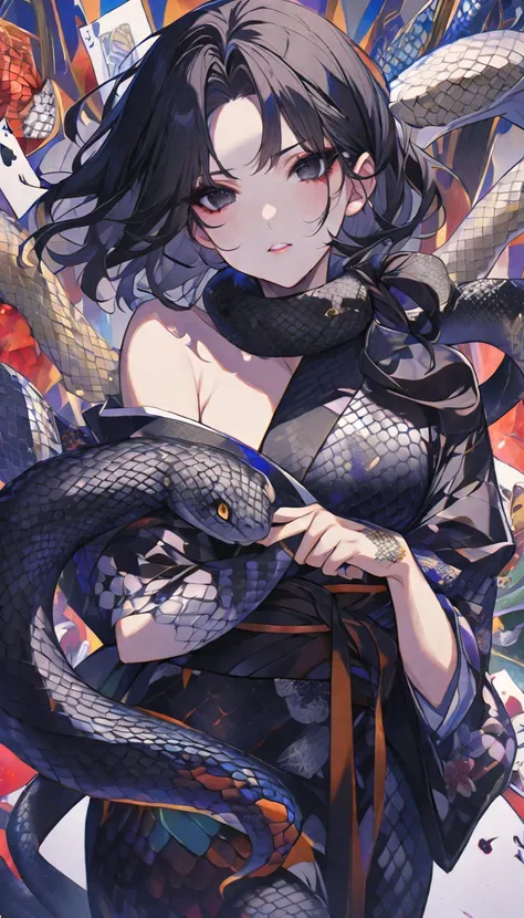 girl,A snake wrapped around the girl,Black Hair、black eyes,,Off-shoulder kimono,Beautiful face,Snake Woman、Poker face、Black snake pattern、turn around、A black ribbon tied around the neck、Snake scale pattern kimono、With the snake、Personal illustration、short ...