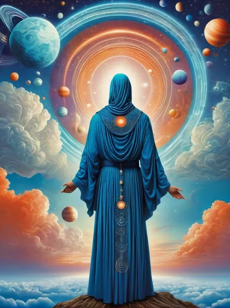 Create a woodcut style image digital art surreal art that depicts a mystical figure with divine characteristics, the figure is one chosen by the gods of spirituality,the figure is shrouded in clouds looking at the planets and ancestral signs,figure has a c...