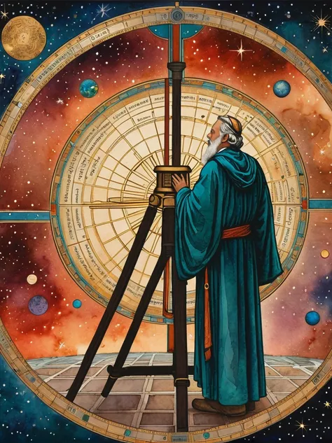 at the center of a celestial observatory, an astrologer clad in robes adorned with stars and galaxies gazes into an aetheric tel...