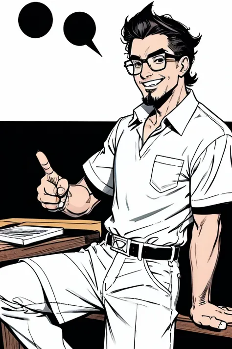  coloring book style drawing, black andwhite, TEENAGER with big eyes, flat nose wearing a goatee and bleck power style hair,  wearing white clothes, a white shirt and white shorts, He wears prescription glasses, gesturing and laughing relaxed 