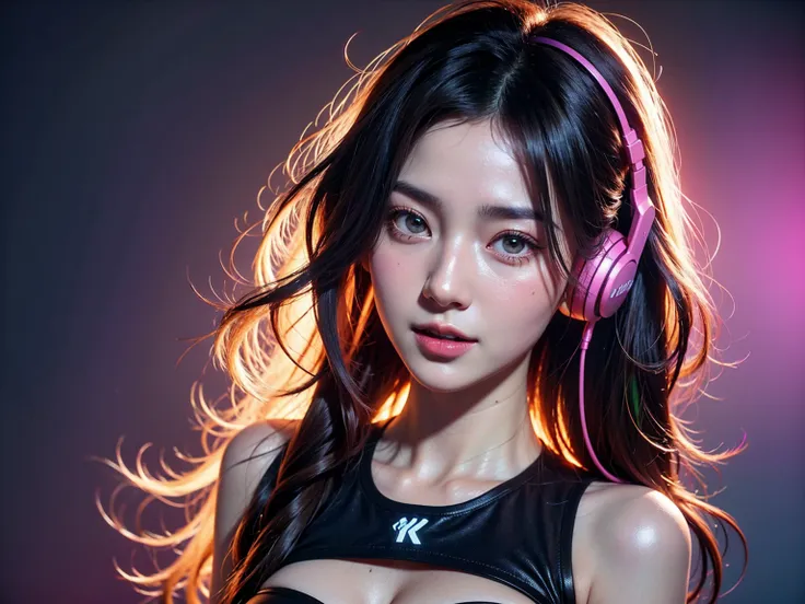 1 woman, beautiful dj girl, long wavy hair, perfect face, beautiful grey eyes, long eyes turn red, wearing headphones, , listen ...