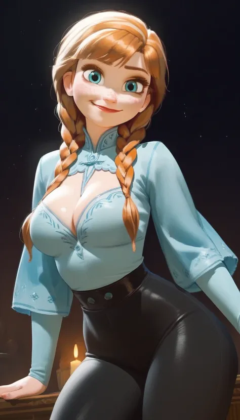 score_9,score_8_up,score_7_up,score_6_up,score_5_up,score_4_up,1girl, (anna frozen, twin braids), cute smile, freckles,black blouse,cleavage, black tight pants, breast focus, big breasts, in dark room, dynamic angle
