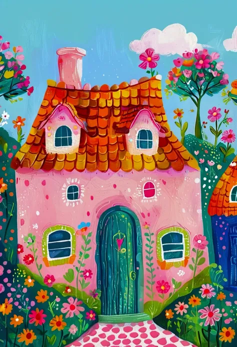 House with garden and chimney, flowery Hut, Hut close up, Colorfull illustration, sunlight and whimsical houses, Color illustrations, colorful houses, colorful kids book illustration, little Hut, Hut town, Whimsical Art, In a Candy Land-style house, Drawn ...