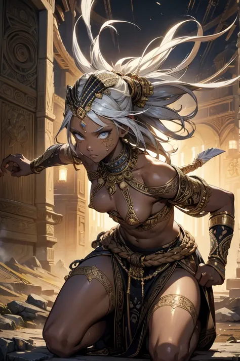 Young African Teenage Girl, Ancient African tribal warriors, Very dark skin, A white-haired man brandishes a spear,,Combat Stance, Face Paint, Body Paint, sexy, Small breasts, Tribal village in the background, Very detailed, Vibrant appearance, Creative Ac...