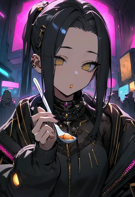 masterpiece,Highest quality,Super quality,cyber punk,cool,Eating food using a spoon,Gold and black hair,Emotionless,Companion Character