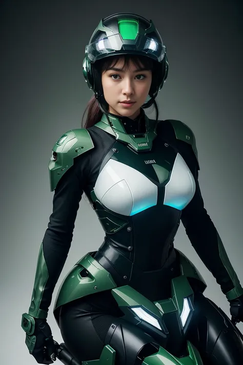 Highest image quality, outstanding details, ultra-high resolution, (realism: 1.4), the best illustration, favor details, highly condensed 1girl, with a delicate and beautiful face, dressed in a black and green mecha, wearing a mecha helmet, holding a direc...