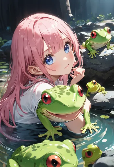 amphibians、Girl with pink hair、blue eyes、Twin Drill、A scene from a movie