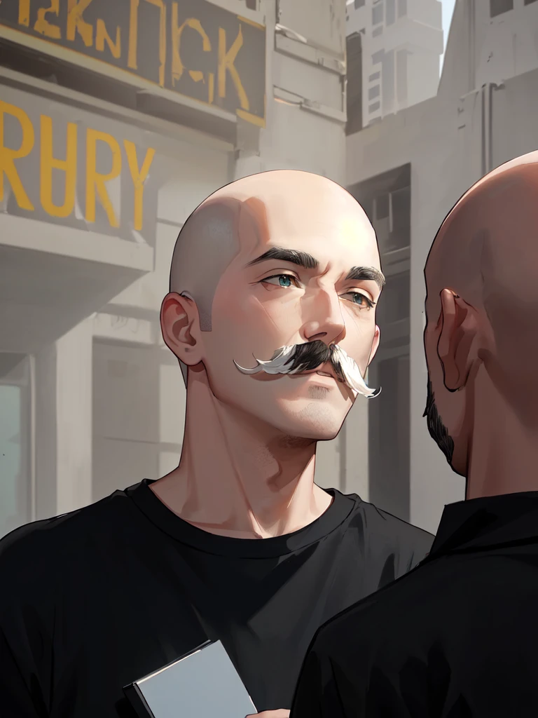 there is a man with a mustache and a black shirt,with bald yellow hair, 