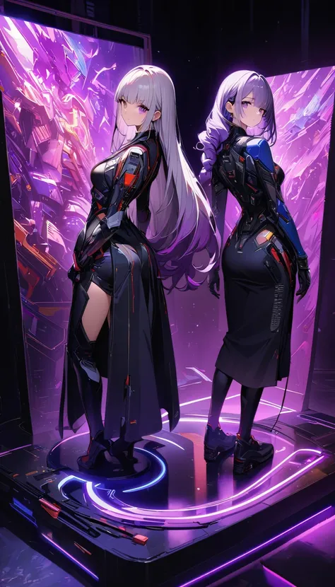 Complex 3D rendering ,A mechanical woman with a beautiful porcelain figure,(((Two girls standing back to back looking at the viewer))),Inji , Purple Hair,Purple eyes,Very long hair,Grey Hair,Double Knit,Gradient Hair, cyborg, Integrated Circuit Components,...