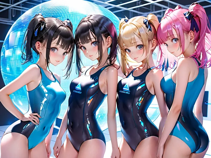 School swimsuit 3girls, cyber world, hologram,　School swimsuit, cyber world, Hologram, SF, gleaming, glamourous