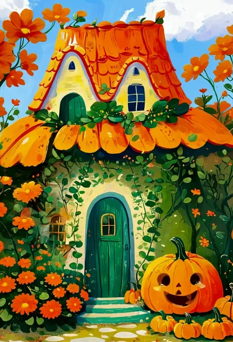 there is a painting，there is a pumpkin house in the painting，the door is green, storybook illustration，author：nil gleyen, shutte...