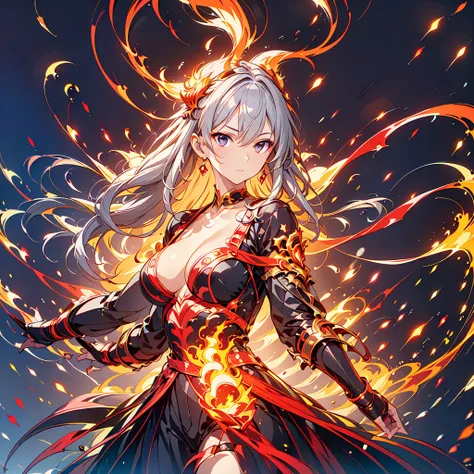 1girl,(((Highest quality、Masterpiece、Official Art、Super detailed、The best dynamic composition、Perfect Anatomy)))、Anime Style、Incarnation of Fire、Girl on Fire、He is accompanied by a fire dragon.、Fractal art of flames、Award-winning works、Holding a fireball i...