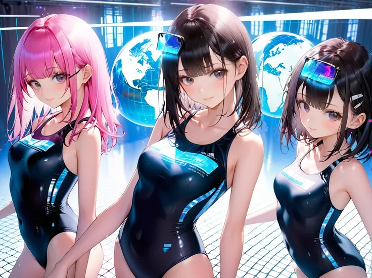 School swimsuit 3girls, cyber world, hologram,　School swimsuit, cyber world, Hologram, SF, gleaming, glamourous