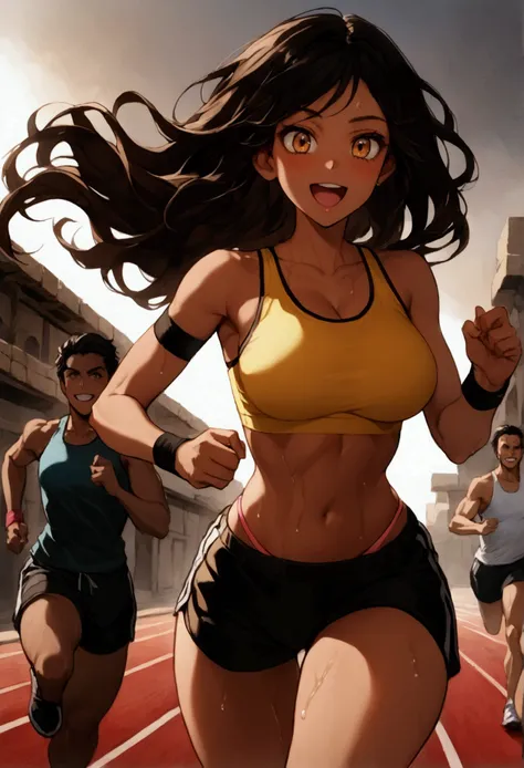 Arabic woman, meddle eastern women, athletic, midriff, black sport shorts, visible pink thong at the waist, bright yellow sport tank top, breasts, tan skin, sculptured body, brown wavy hair, sweating, grinning out of joy, running, caramel eyes, wrist band,...