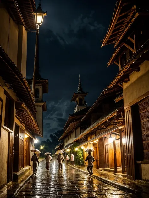 
(Best quality, masterpiece, 8k highly detailed, hyper realistic) Rainy nigh at the village with light from traditional gasoline street lamp, three Indonesian boys teenager with Moslem outfit, running while holding  banana leaf above they head . Behind the...