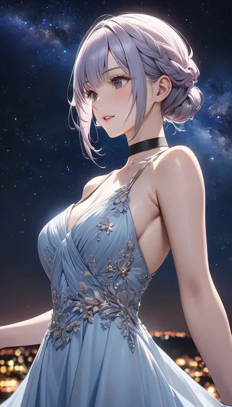 (evening dress),mature women, grace,The background is starry sky, antioxidant_mary rose, 1 girl, black choker, ultra high definition, extreme speed, masterpiece, accurate, anatomically correct, textured skin, super detailed, high detail, high quality, best...