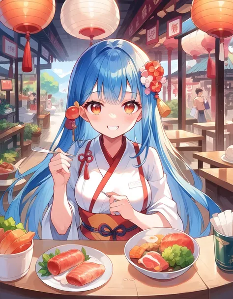 masterpiece, best quality, extremely detailed,anime,A woman, a smile, a restaurant, Japanese beef bowl, (((a ultra highest mountain of rice and meat)))