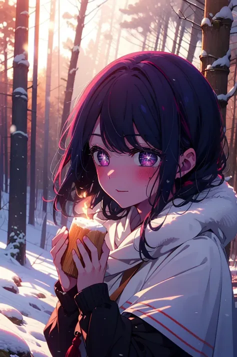 aihoshino, Ai Hoshino, Long Hair, bangs, (Purple eyes:1.1), Purple Hair, (Symbol-shaped pupil:1.5), smile,,smile,blush,white breath,
Open your mouth,snow,Ground bonfire, Outdoor, boots, snowing, From the side, wood, suitcase, Cape, Blurred, , forest, White...