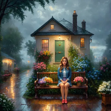 painting of a woman sitting on a bench in front of a house, 4 k matte thomas kinkade, style thomas kinkade, ( ( thomas kinkade ) ), (((thomas kinkade))), thomas kinkade cfg _ scale 9, rhads and thomas kinkade, thomas kinkade. cute cozy room, kinkade. award...