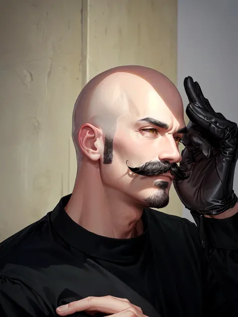 there is a man with a mustache and a black shirt,with bald yellow hair, 