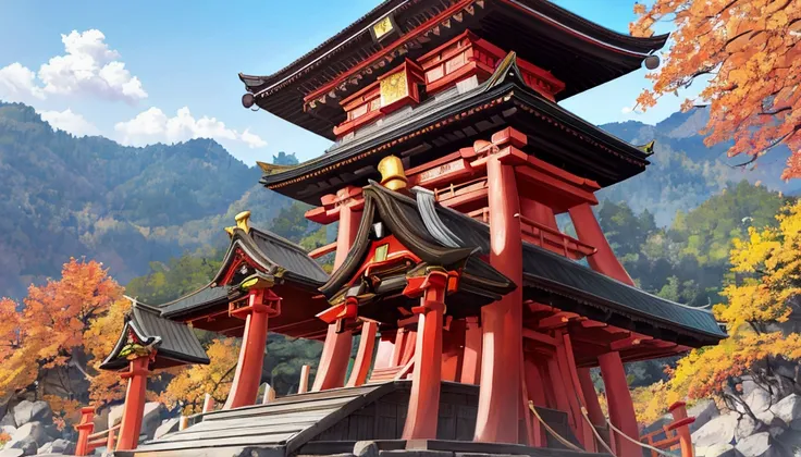 a shinto shrine in the mountains of japan on a sunny summer day, intricate detailed architecture of the torii gate, 8k, highres, masterpiece:1.2, ultra-detailed, realistic:1.37, hdr, uhd, extremely detailed, professional, vivid colors