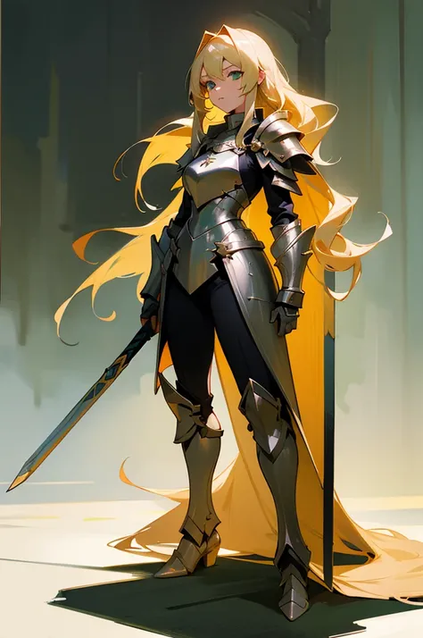 With a sword,Full Body, Female Paladin, Girl in Armor, ((masterpiece)),(Beautiful woman),Detailed facial expressions,Long blonde hair,Green Eyes,Facing the viewer、Standing posture