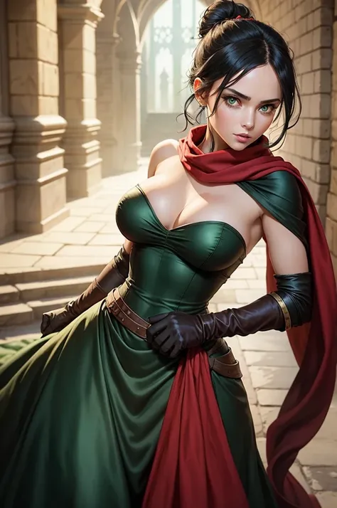 medieval setting, fullbody view, female, green eyes, black hair tied to a bun, strapless midi dress, red scarf around her neck, flowy arm sleeves, silk gloves