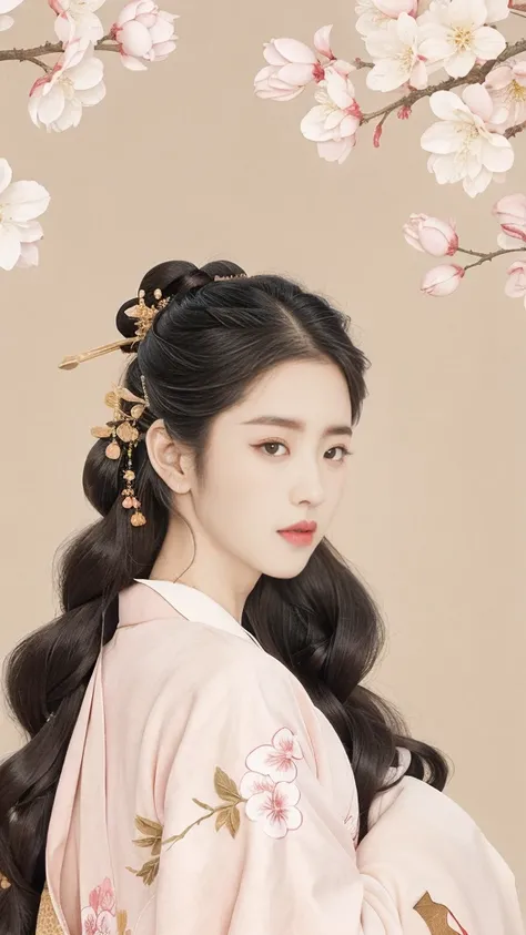 Generate a realistic、Dreamy Japanese samurai girl pictures。Girl wearing pink cherry blossom kimono，Long and flowing black hair，There are a few strands of hair scattered on the forehead。Her eyes are dark blue，Firm and mysterious gaze，Ruddy lips open slightl...