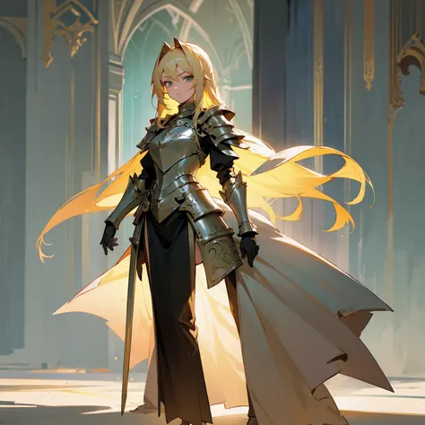 With a sword,Full Body, Female Paladin, Girl in Armor, ((masterpiece)),(Beautiful woman),Detailed facial expressions,Long blonde hair,Green Eyes,Facing the viewer、Standing posture